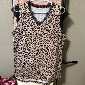 Leopard Print Lace Trim Women's Top